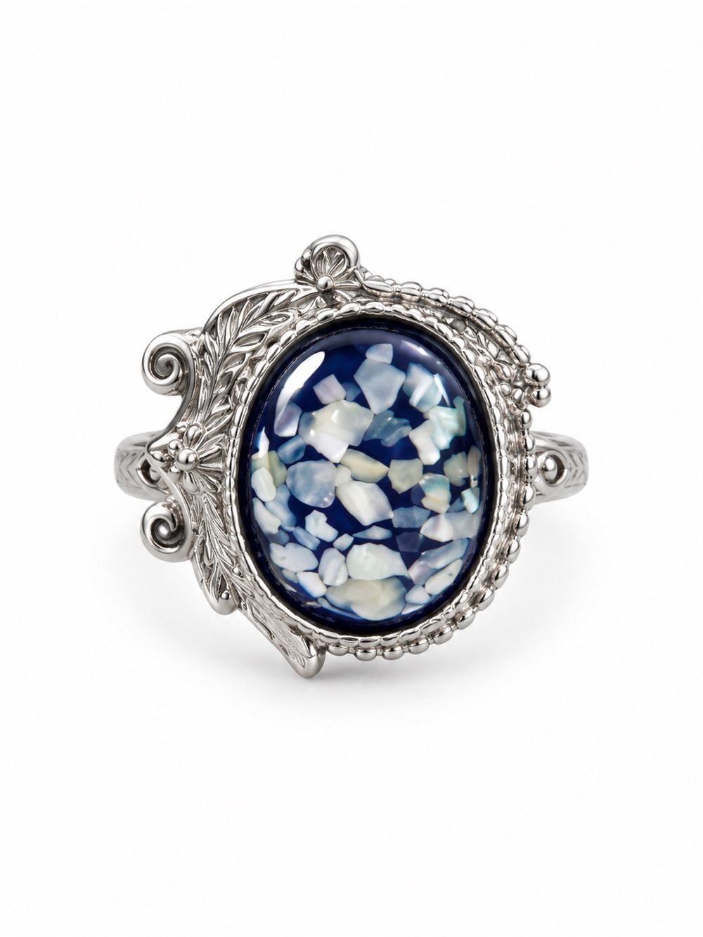 Blue Mosaic Glass Oval Statement Ring - .925